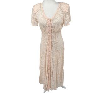 Vintage 80’s Lace Gown Victorian Maxi Popover Pearl Button Dress Women’s medium